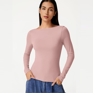 Chemisiers à manches longues pour femmes, <span class=keywords><strong>col</strong></span> bateau, dos drapé, double doublure, hauts décontractés extensibles et ajustés pour sorties - Product Image 3