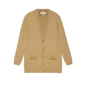 YT Customized Girls Camel Cashmere Cardigan Single-breasted Buttoned Double Slip Pockets Women's Cardigan Wool Coat