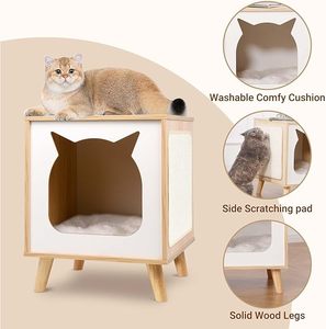 Casa de madera <span class=keywords><strong>para</strong></span> gatos, apartamento <span class=keywords><strong>para</strong></span> gatos adecuado <span class=keywords><strong>para</strong></span> gatos grandes de interior Cuevas escondidas <span class=keywords><strong>para</strong></span> gatitos de madera con ESTERAS y almohadillas raspadoras - Product Image 2