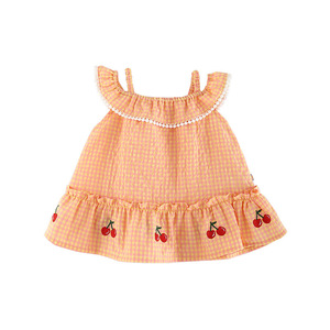 Vestido a cuadros para bebé niña, vestido de verano estilo princesa con hombros descubiertos, ropa coreana para recién nacida, vestido de cereza para niños, vestido dulce - Product Image 4