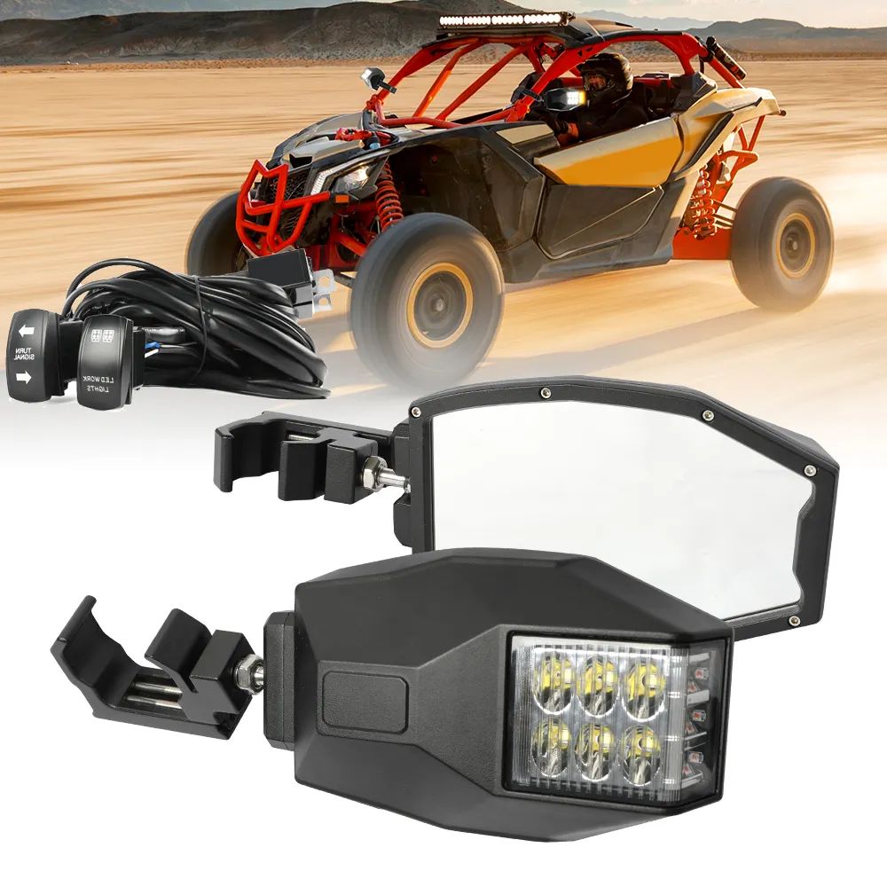 SXS Polaris Can-Am UTV RZR cermin spion aluminium, cermin samping LED dengan lampu sein untuk Bar gulung 1.75"