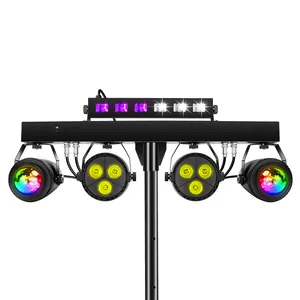 5in1 ไฟดีเจพร้อมขาตั้งเวทีปาร์ตี้บาร์ชุดไฟ LED Par Strobe เสียง UV เปิดใช้งานแสงสําหรับดิสโก้งานแต่งงานโบสถ์วงดนตรี