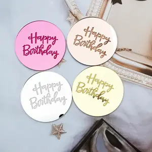 4 colors customized Happy Birthday cake circle toppers Cupcake Round Acrylic Disk Topper For Dessert Gift Box Decor