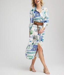 Robe chemise midi décontractée à imprimé pois avec ceinture, taille empire, durable - Product Image 1