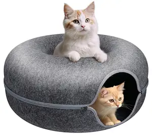 卸売耐久性のある屋内小さなペットの巣ラウンド猫プレイシェルター洞窟洗えるぬいぐるみ猫トンネルベッドジッパー付き