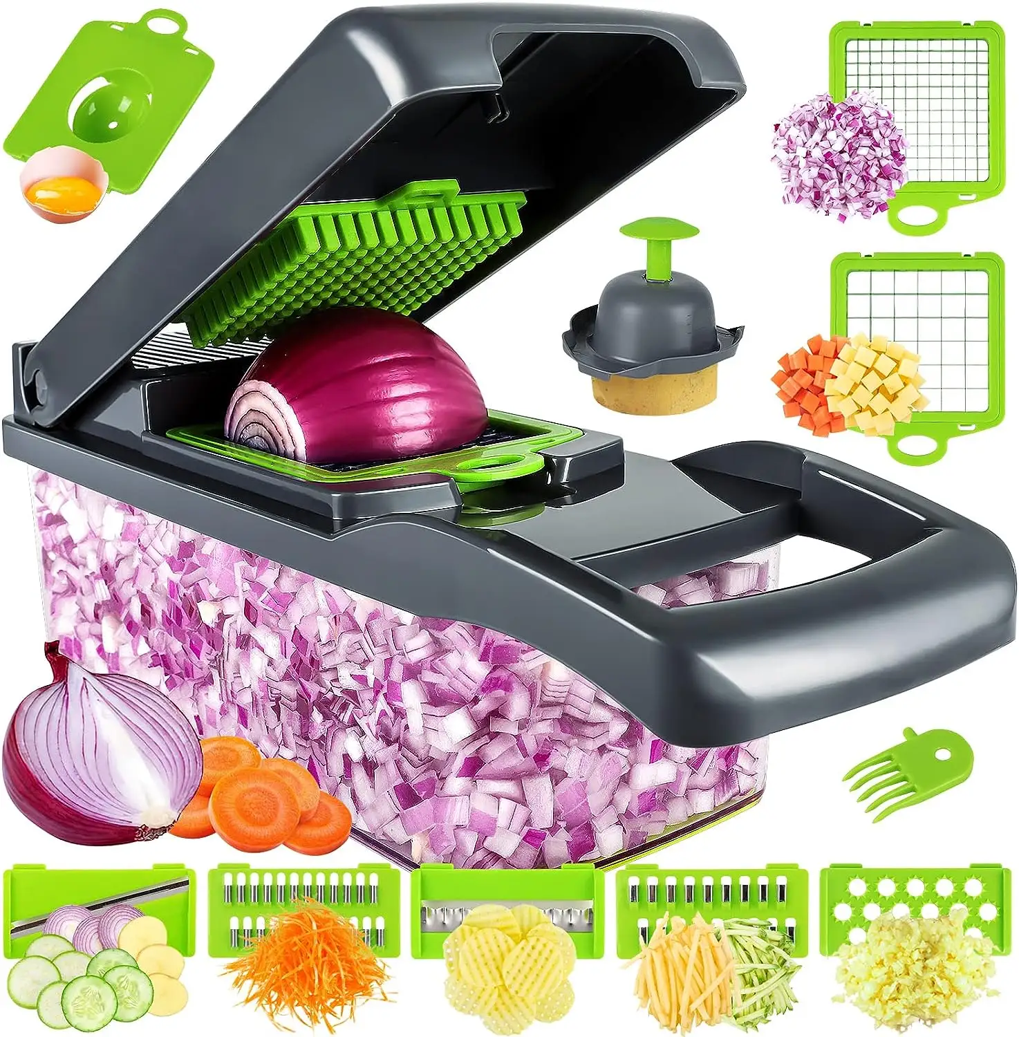 Hachoir à aliments professionnel 15 en 1 Hachoir de cuisine Dicer Cutter Veggie Chopper avec conteneur