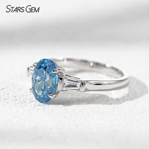 Bague de fiançailles Starsgem 2.0ctw à trois pierres en or massif 18 carats avec diamant de laboratoire bleu taille ovale - Product Image 2