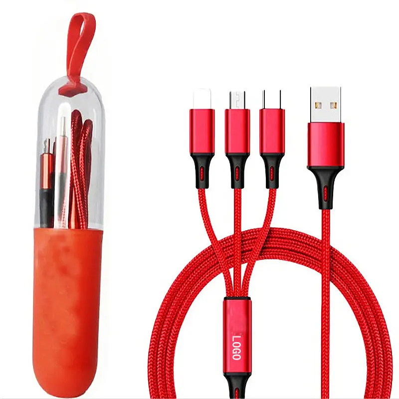 3 in 1 evrensel cep telefonu USB veri şarj kablosu promosyon hediye hediye giveaway pazarlama reklam için plastik tüp paketi ile