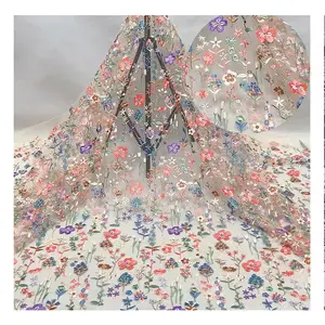 2024 Hot selling 3D pink flower embroidery swiss tulle lace fabric for Wedding evening Dress