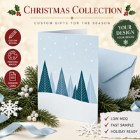 Carte de vœux personnalisée de Noël 5x7 pouces en carton 300 g/m² avec impression numérique estampée à chaud motif sapin bleu glace et carte assortie en kraft