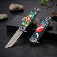 Couteau pliant de collection de style japonais, imprimé Ukiyo-e grue, dragon, phénix, manche en aluminium, lame Tanto à motif Damas 3cr13