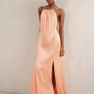 Nouvelle Arrivée 2026 – Robe longue décontractée en satin pêche pour femme, col halter, double bretelle, corsage froncé, fente latérale - Product Image 4