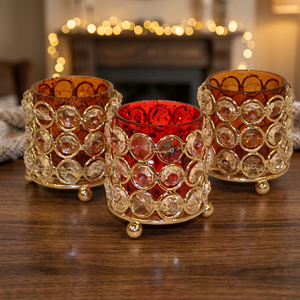 Cylindrical Glass <b>Candle</b> Jar With Crystal Accents <b>Red</b> And Amber Colors Glass For Home Decoration Christmas Use - Product Image 3
