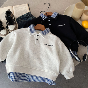 <span class=keywords><strong>Sweat</strong></span>-shirt décontracté ample pour enfants, col à carreaux et alphabet brodé, hiver 2025 - Product Image 1