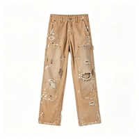 Pantalon en toile coupe droite ODM pour marque privée, style streetwear vintage, effet éclaboussures de peinture, délavé, couleur sable