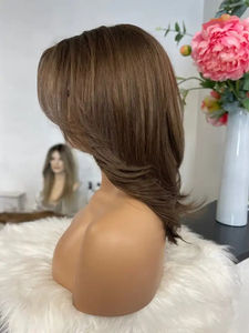 Venta al por mayor elegante color marrón onda del cuerpo corto <span class=keywords><strong>de</strong></span> alta calidad europea virgen cabello humano barato bajo precio nueva llegada peluca con malla frontal - Product Image 5