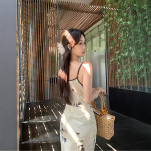 Traditional <b>Chinese</b> Digital Print Cheongsam/Qipao Women Apricot Floral V Neck Regular Fit Long <b>Dress</b> Button Closure Casual Style - Product Image 3