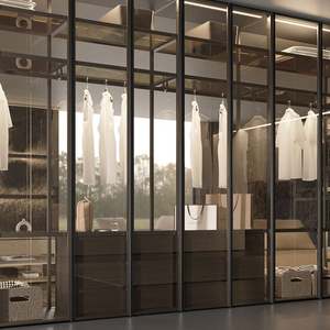 Meubles de garde-robe de luxe, nouveaux designs de garde-robe de chambre à coucher modernes, garde-robe en bois et en verre avec cadre en aluminium, portes en verre - Product Image 6