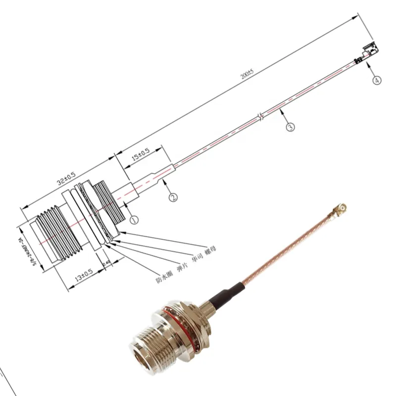Ön montaj N dişi Ipex Ufl Rf kablo tertibatı bölme tipi konnektör RG178 Pigtail kablosu