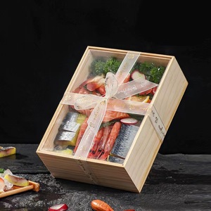 Reusable solid Japanese sashimi wood box sushi container Cooking lunch box with Acrylic PMMA Clear Lids for premium restaurant