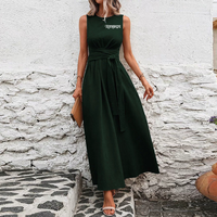 Fournisseur Robe longue décontractée sans manches à col ras du cou avec ceinture nouée Robes de vacances confortables et respirantes avec poche