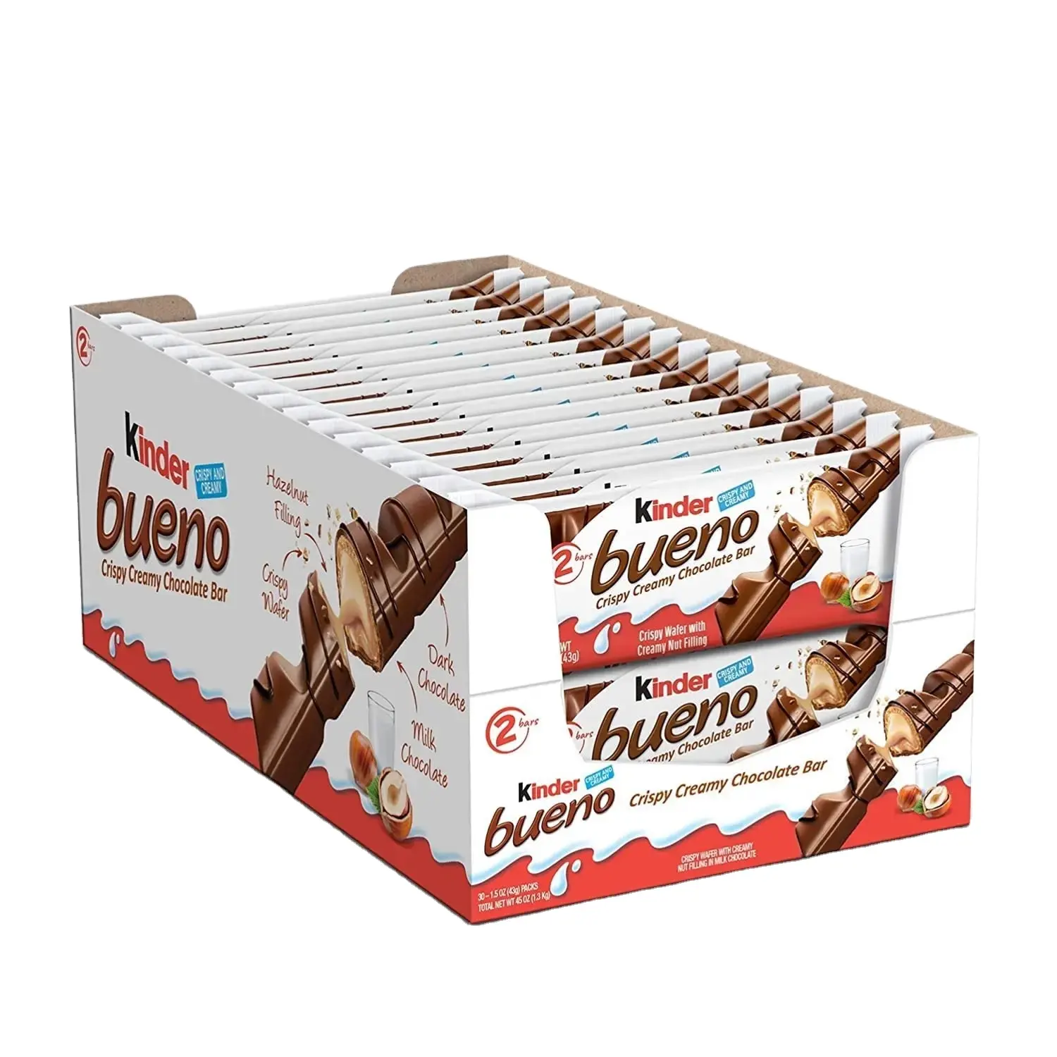 แท่งช็อกโกแลตกรอบ Kinder Bueno แบบห่อเดี่ยวช็อคโกแลตแท่งละ1.5ออนซ์แพ็ค30แพ็ค