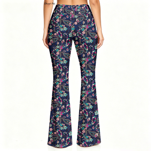 Pantalon de yoga évasé pour <span class=keywords><strong>femme</strong></span>, <span class=keywords><strong>bleu</strong></span> <span class=keywords><strong>marine</strong></span>, motif floral cachemire, 230g, en soie de lait épaisse, coupe cloche, imprimé numérique, taille haute, leggings d'entraînement - Product Image 3