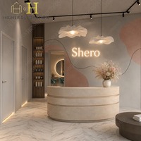 Meubles de salon de coiffure, comptoir d'exposition personnalisé, étagère, panneau mural avec logo lumineux, service d'installation