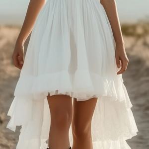 Robe d'été blanche mi-longue en mousseline imprimée, style occidental romantique, personnalisable, courte devant et longue derrière - Product Image 4