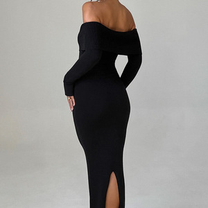 Maßgefertigtes Großhandels-Kleid im Sexy Hot-Girl-Stil mit Langen Ärmeln, Schulterfreiem Design, Rückenschlitz und Elegantem Strick-Slim-Fit für Damen - Product Image 3