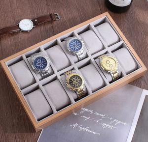 Wood Watch Holder Tray, Soft Flannel Lining Watch Display Case, Multiple Grids Watch <b>Storage</b> <b>Box</b> for Retail Shop Counter Display - Product Image 4