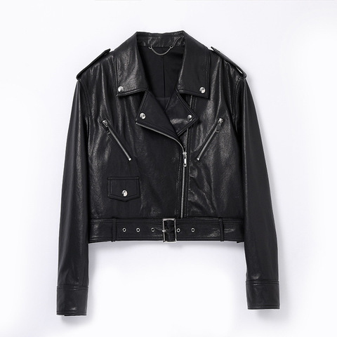 4162 Sheepskin Retro Versatile Lapel Fashion Casual Zip Biker Genuine Leather Jacket Women