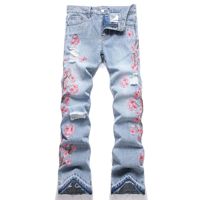 Pantalon large pour homme, nouvelle collection, en stock, style urbain, jean robuste brodé motif fleur de prunier, non élastique