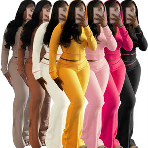 LOGO kustom Set wanita Hoodie lengan panjang wafel kasual Gym Set pakaian Lounge pakaian kualitas tinggi wanita seksi 2 potong Set Lounge - Product Image 1