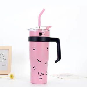 Gobelet isotherme en acier inoxydable noir et rose, grande tasse à café isolée avec paille, 1250 ml, avec poignée pour voyage en voiture, vente en gros - Product Image 5