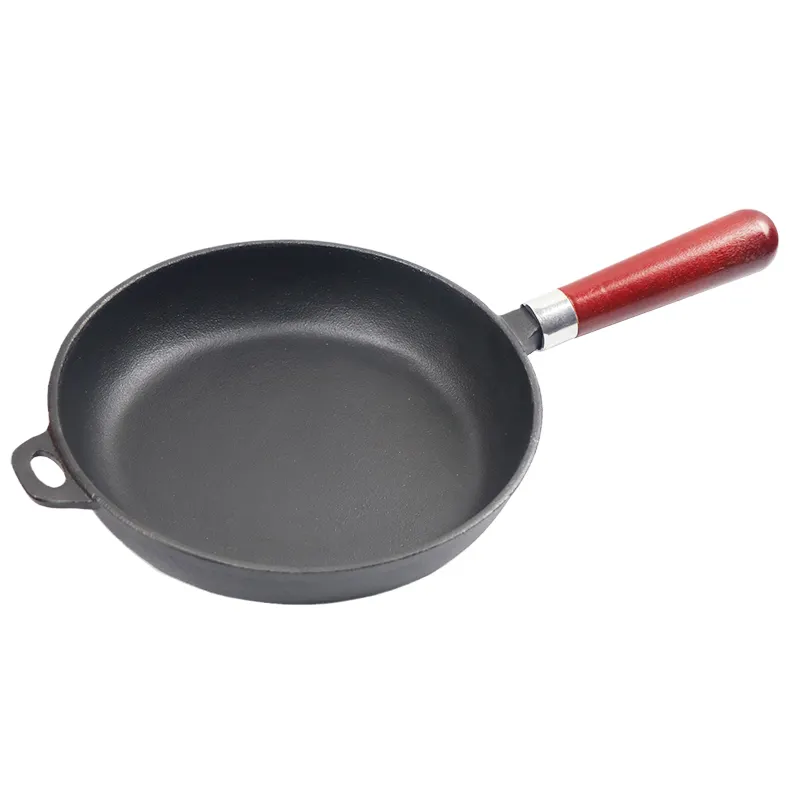 Round Non Stick Fry Pan Factory Wholesale Camping Skillet BBQ Vegetable Oil Frying Pan with Wooden Handle