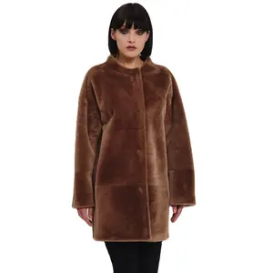 Alta Melhor Qualidade Italiano Luxo Reversível Shearling Fur Coat sem gola para a moda feminina outwear