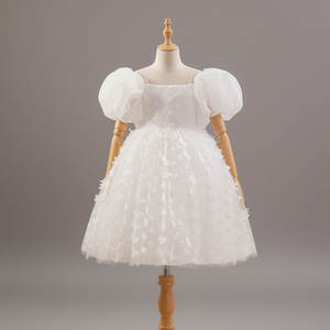 Vestido de tul blanco para niñas, manga abullonada, estilo minimalista, vestido formal de flores para niñas de 1 a 12 años - Product Image 1