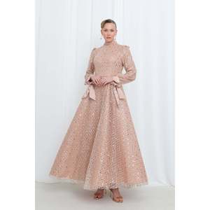 Elegante Vestido de Noche de Satén con Lentejuelas para Mujer, Cuello Alto, Corte en A, Detalle de Lazo, Hecho a Mano, Color Azul Marino 17014ELB - Product Image 1