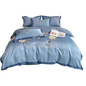 Nhà Cung Cấp Trung Quốc Cổ Điển Nhà Textil Màu Xanh Bao Gồm 1 Duvet Cover Bed Sheet 2 Gối 4 Cái Bộ Đồ Giường