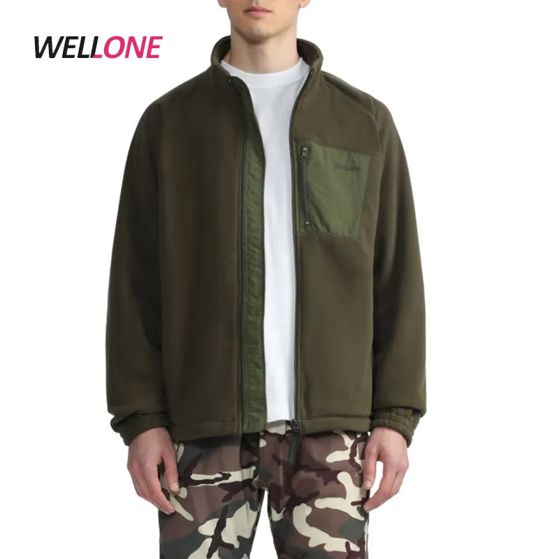 Warm Thick Zip-up Jacket Chest Pocket Polar Fleece 100% Polyester Inside Lining Embroider Logo Army Green Winter Jacket Men