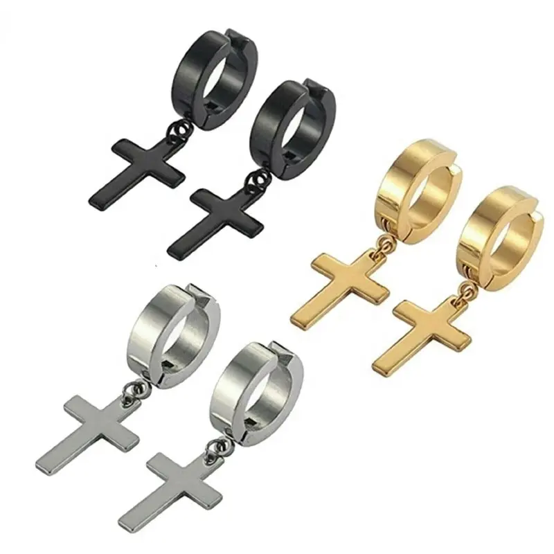 Brincos pendurados de aço inoxidável, brincos pendurados em cruz, para homens e mulheres, tom de prata e ouro