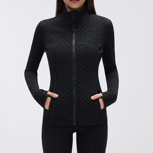 Chaqueta de Mujer con Cuello Alto, Transpirable, Sin Costuras, de Spandex/Nylon, Ajustada, Manga Tres Cuartos, con Diseño de Puntos - Negra - Product Image 4