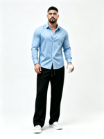 Chemise d'été respirante vintage à manches longues pour homme, col rabattu, couleur unie, tissu lisse, chemise habillée décontractée pour affaires