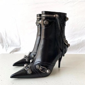 Botas De Cuero Mujer Estilo vaquero occidental Remache Tachonado Tobillo lateral Tacón alto Botas doradas y plateadas para damas - Product Image 4