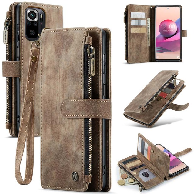 Multi-Functional Wallet Retro Leather Case for Redmi Note10s Kickstand Card Slots Zipper Pocket Phone Bags for Redmi Note10 4G