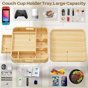 Wooden Sofa Food Tray Multi Compartment Storage Box With Lid For Snacks Remote <b>Control</b> And Drinks Rectangle Shape - Product Image 2