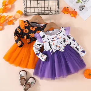 2023 enfant en bas âge bébé fille citrouille imprimé Tulle robe à volants à manches longues robe d'Halloween pour les enfants