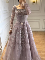 Robe de soirée longue Serene Hill 2026 Caramel à manches longues, coupe trapèze, ornée de perles, pour invitée de mariage LA73089B Personnalisée