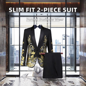 ชุดสูทผู้ชายทรงเข้ารูป 2 ชิ้น กระดุมแถวเดียว ผ้า TR ปกบาก แจ็คเก็ตและกางเกงสีพื้น สำหรับงานพรอม - Product Image 2